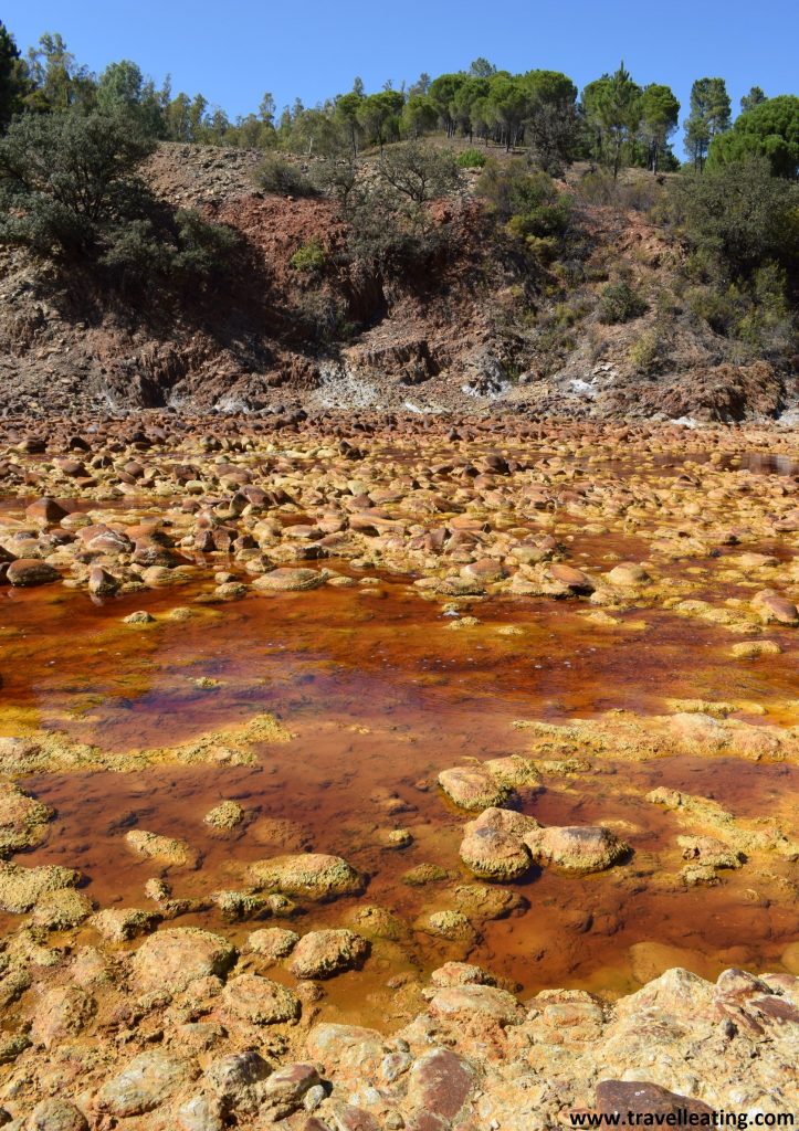 Río cuya agua tiene tonos rojos, anaranjados y amarillos. Se trata del Río Tinto, una de las paradas más curiosas de nuestra ruta por Andalucía.