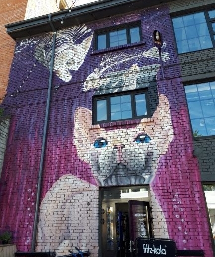 Precioso mural de street art en el que se ve un gato enorme con un fondo lila. Uno de los imprescindibles que ver en Tallin.