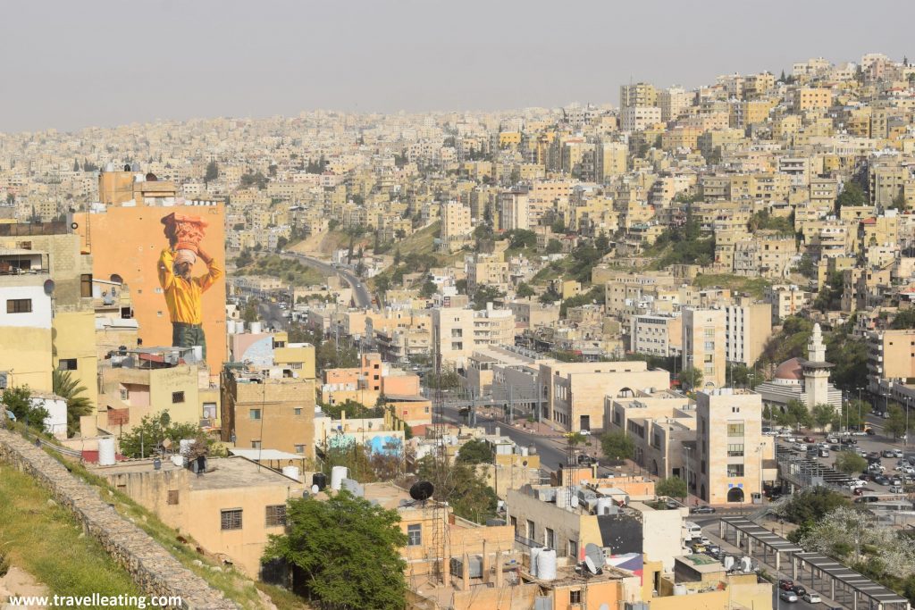 Vistas de la ciudad de Ammán en la que destacan sus edificios de color tierra y los murales de arte urbano de algunas de sus fachadas.