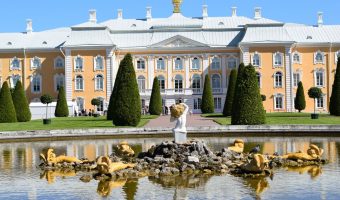 En la foto vemos la fachada principal del Palacio Peterhof, de color amarillo pastel y azul muy claro. Delante de él luce un camino franqueado por setos y delante de éste, una hermosa fuente con esculturas en medio. Uno de los lugares imprescindibles de ver en las afueras de San Petersburgo.