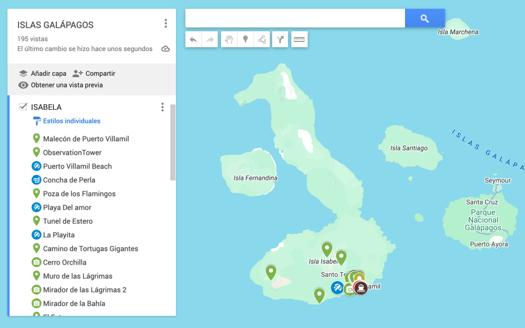 Mapa de Isabela, Galápagos, con todos los imprescindibles que ver y hacer en la isla y otras localizaciones de recomendaciones.