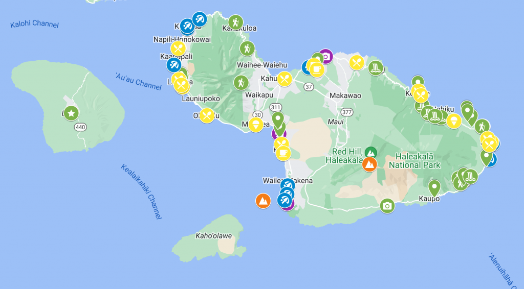 Mapa de Google Maps de la isla de Maui con todas las localizaciones interesantes marcadas (restaurantes, rutas, playas...)