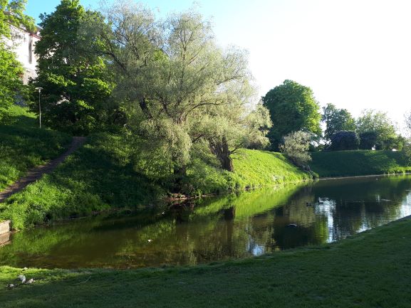 Parque con estanque al otro lado de la muralla del casco antiguo de Tallin.