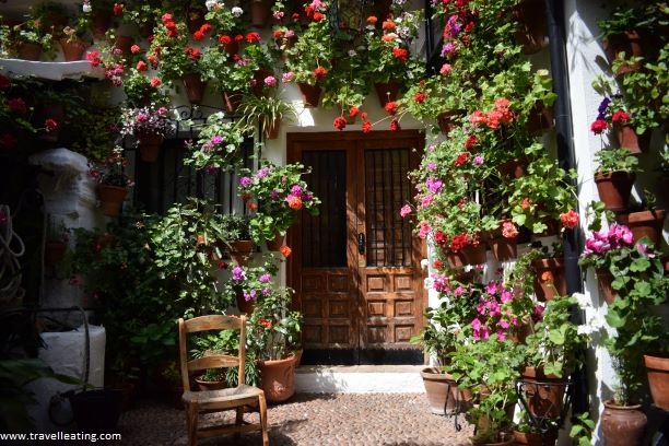 Precioso patio cordobés repleto de macetas de colores con flores. Las rutas de los patios cordobeses de Córdoba son uno de los imprescindibles que ver en la cuidad.