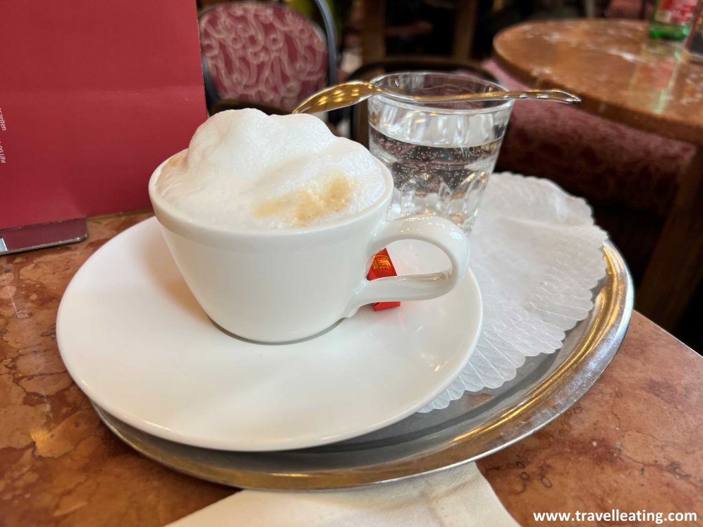 Café melange, es decir con una capa de nata espumosa por arriba, servido junto a un vaso de agua.
