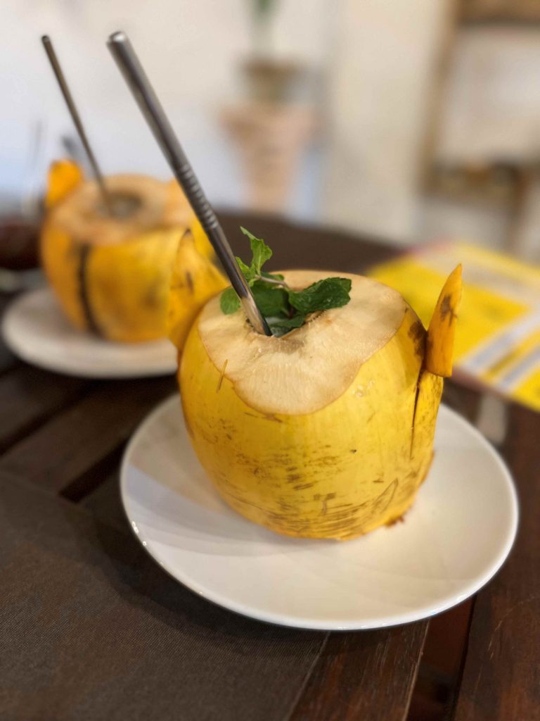 Coco fresco con nuestra pajita de acero para evitar pajitas de plástico de un solo uso.